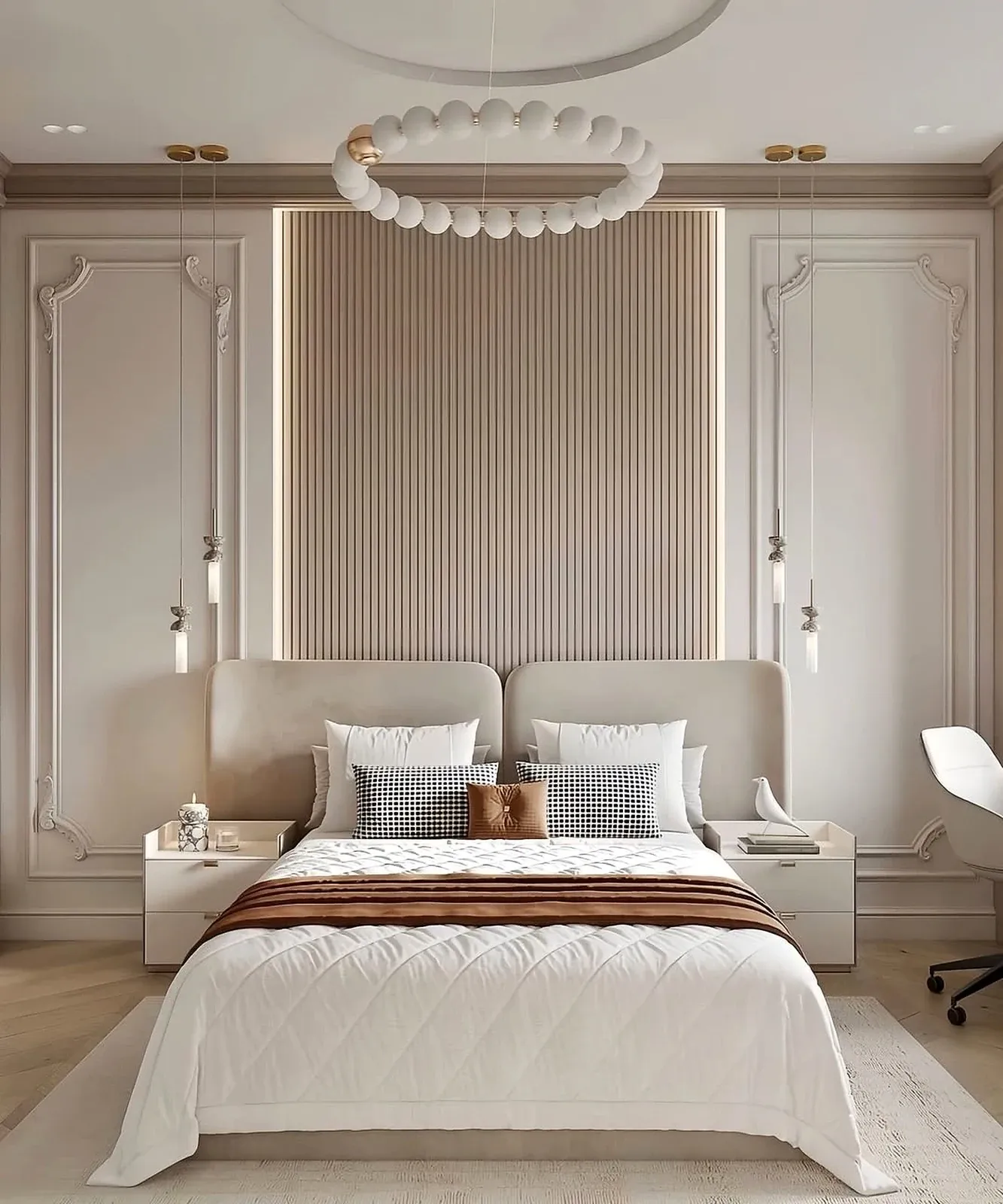 Beige upholstered bed with a headboard made of two rounded panels, between two white bedside units — reference image for the BADAMI bed