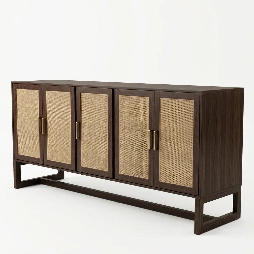 BAHAR Rattan Storage Console, angled view showing the frame base