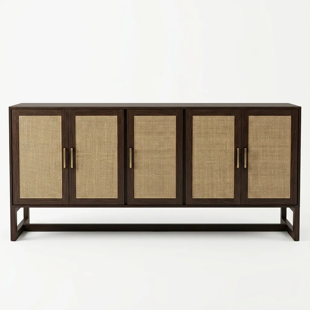 BAHAR Rattan Storage Console in dark brown and natural rattan, straight front view on a light background