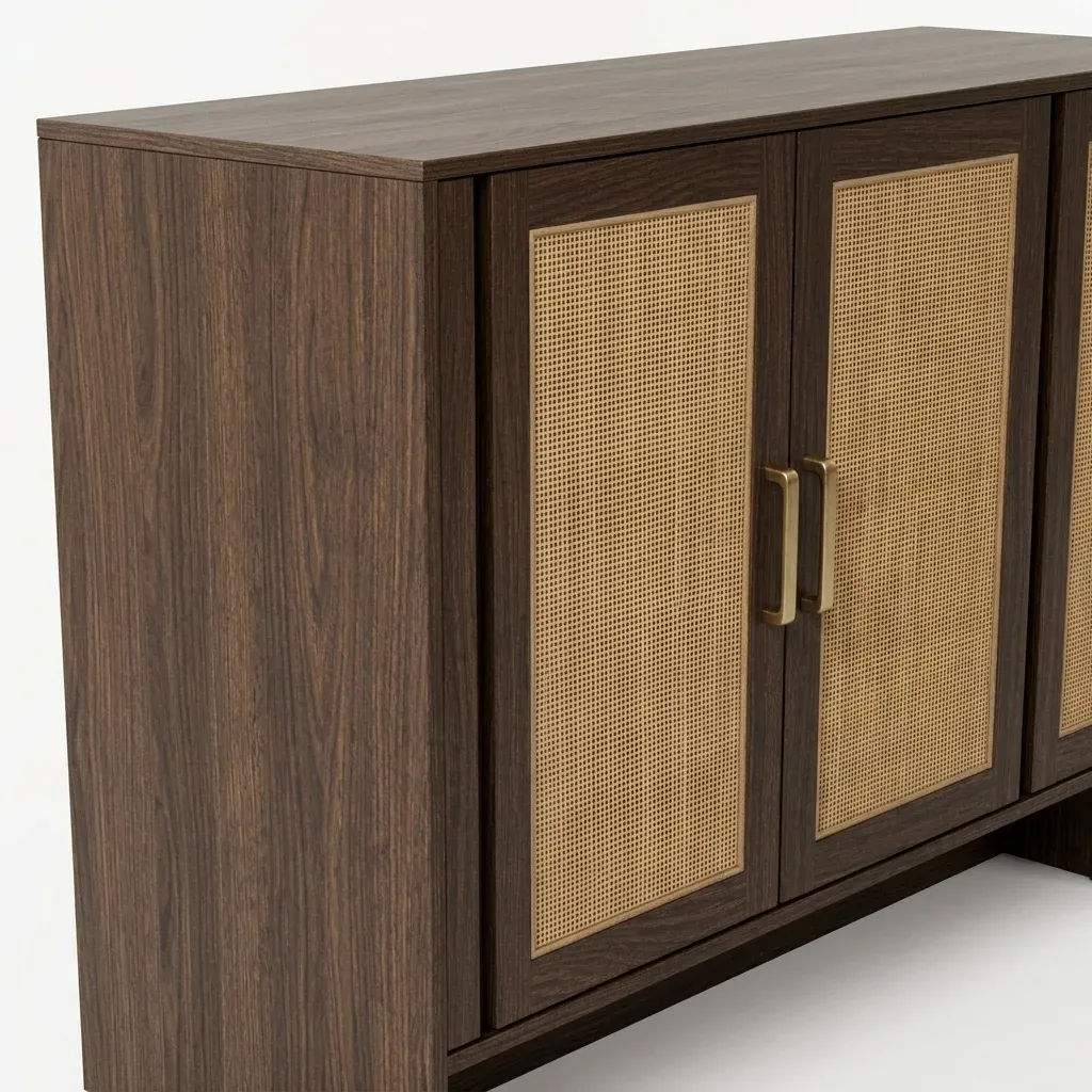 BAHAR Rattan Storage Console, end view showing the side panel and doors