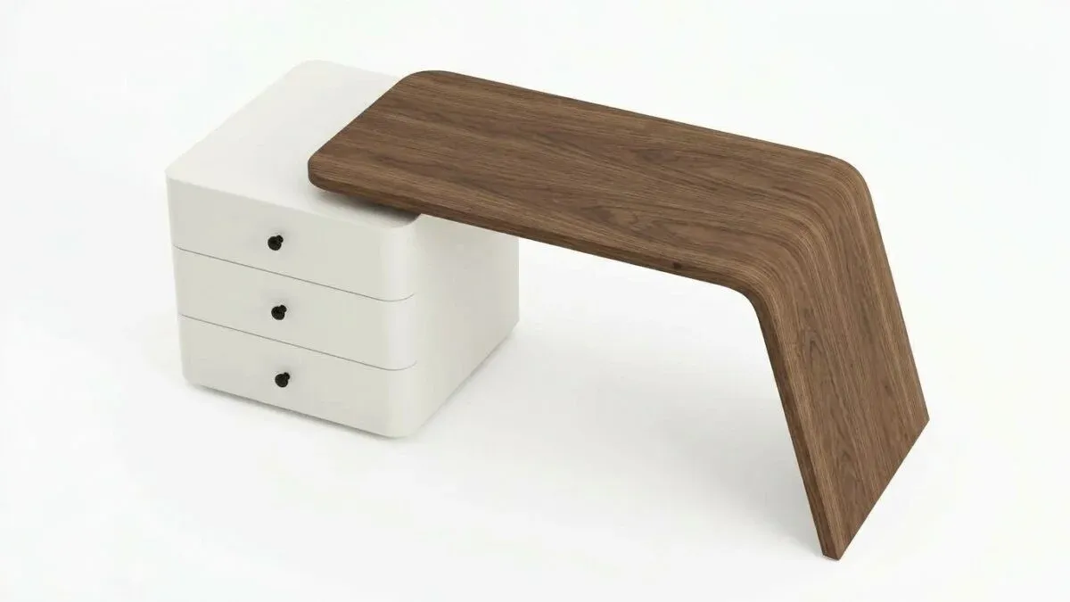 BARISH Study Table, raised angled view showing the top and drawers