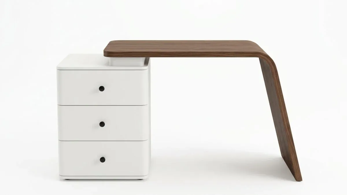 BARISH Study Table in walnut brown and white, front view on a white background