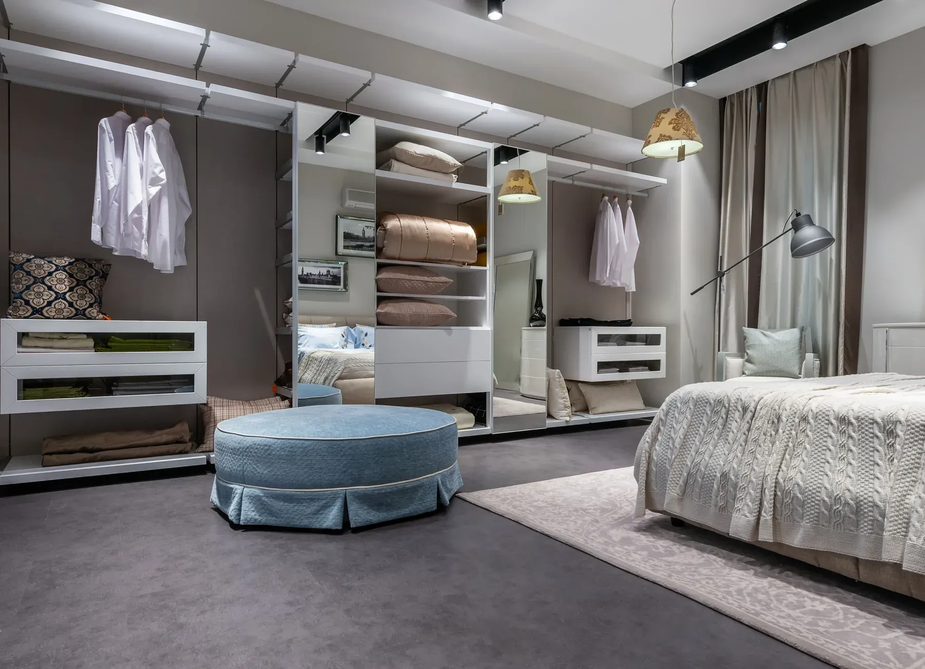 Contemporary platform bed beside a fitted wardrobe — reference image for the TASKEEN contemporary platform bed