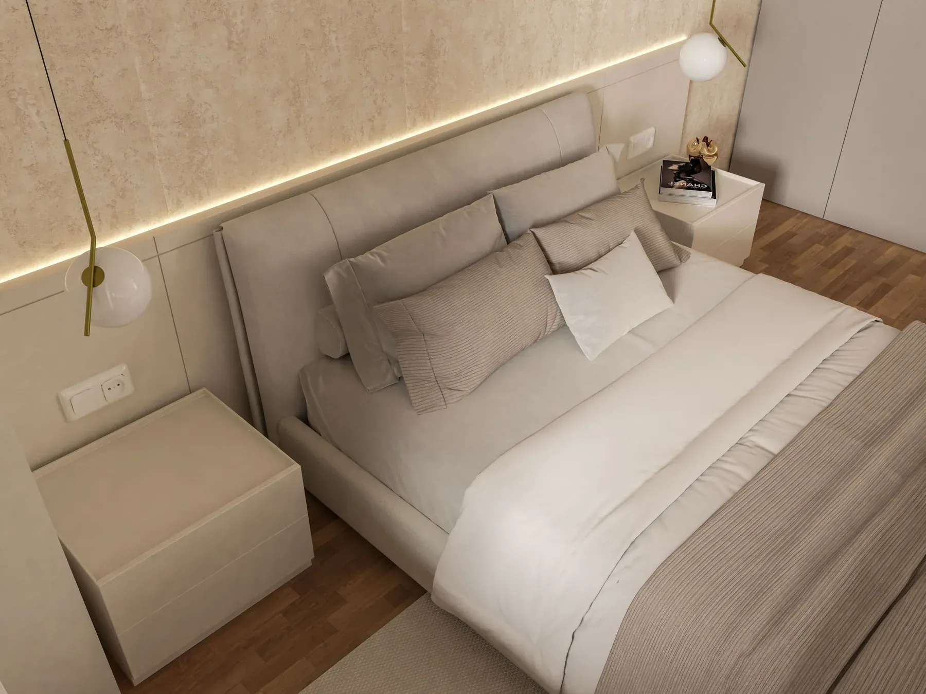 Grey headboard bed with coordinated bedside furniture — reference image for the ZARIF tall headboard bed