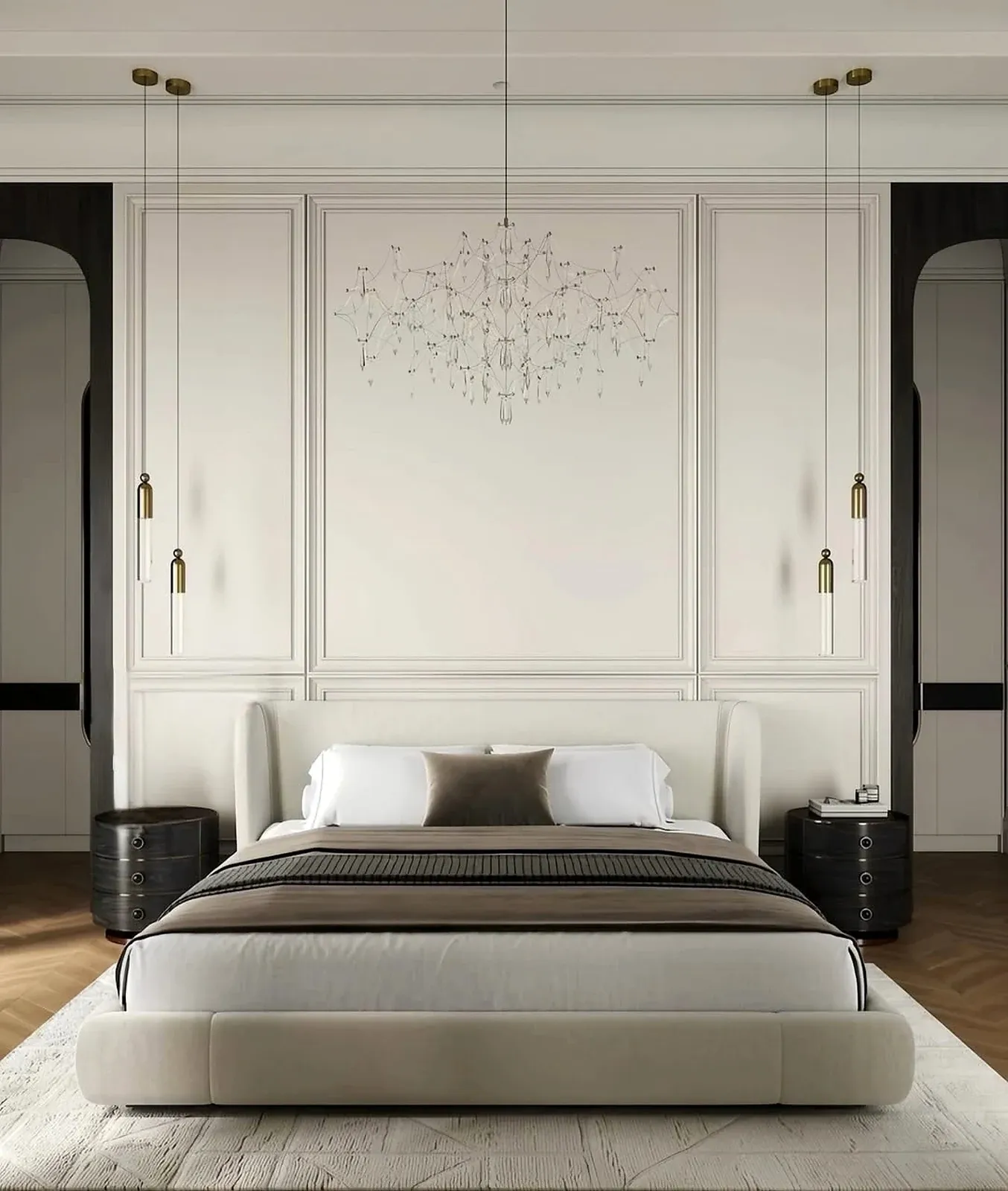 Low cream upholstered platform bed with a curved wraparound headboard in a panelled bedroom — reference image for the CHAMBELI bed