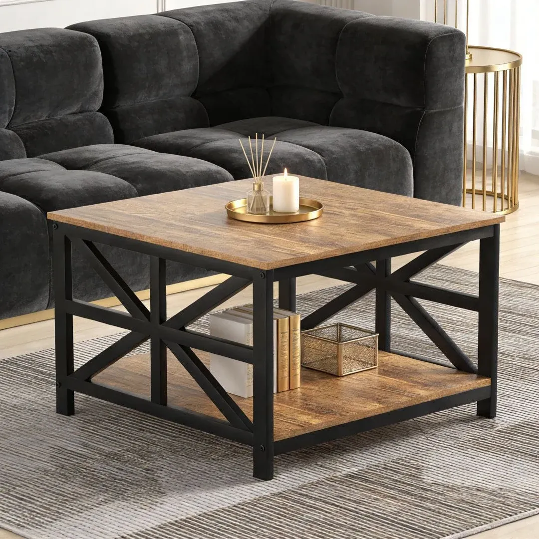 Square coffee table with a wood-look top, a lower shelf and a black cross-braced frame — reference image for the CHAUKI table
