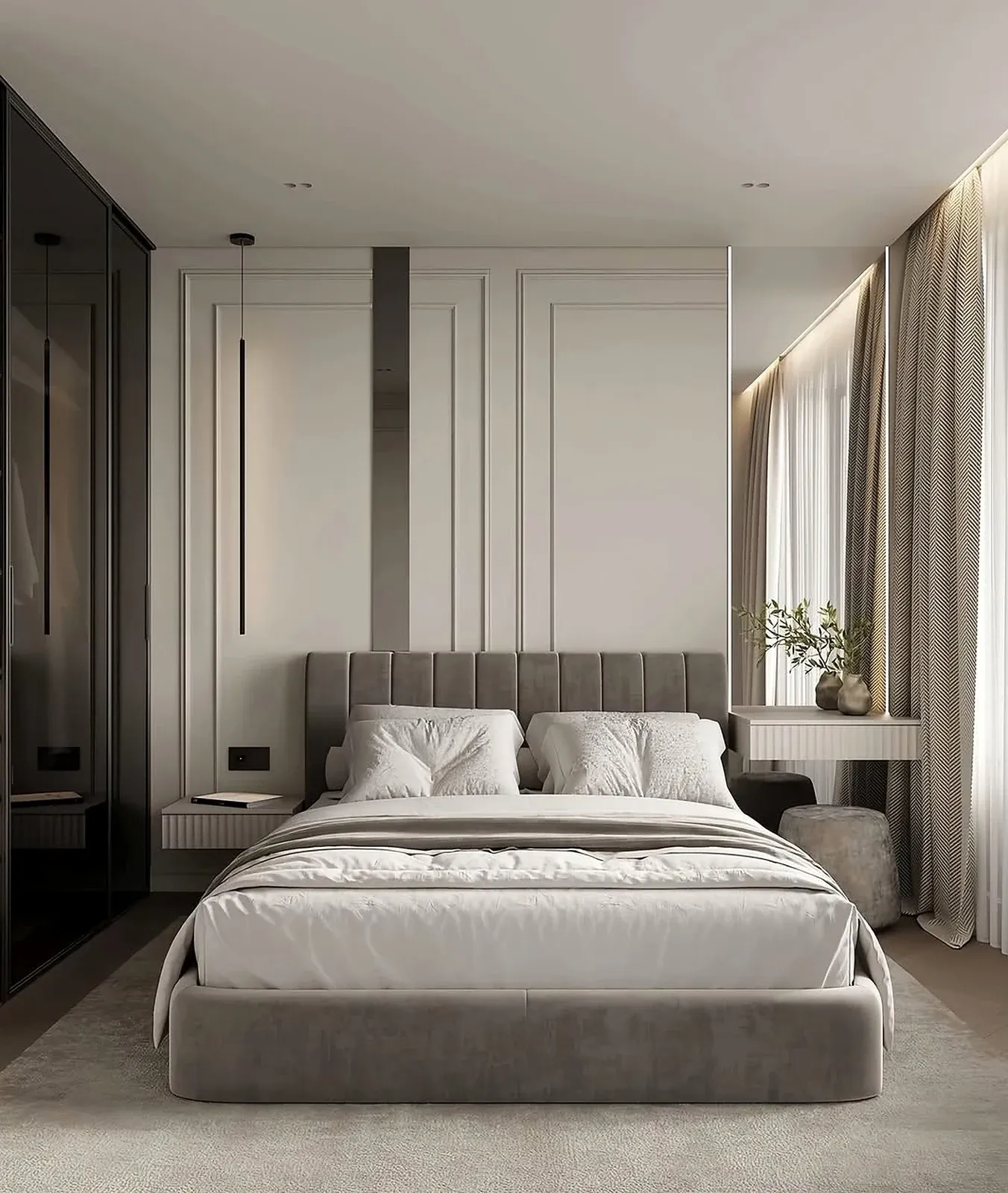 Grey upholstered bed with a vertically channelled headboard and a rounded padded base — reference image for the DHUND bed