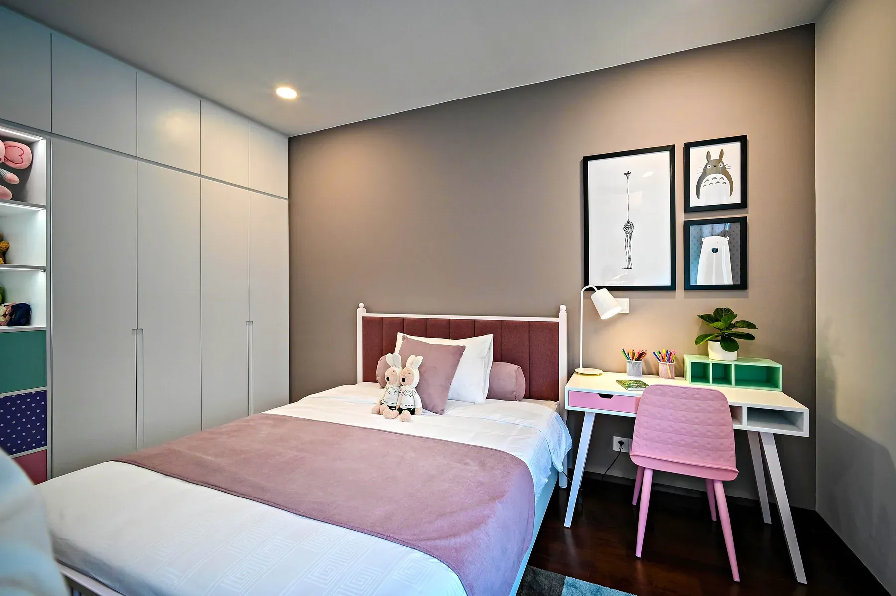 Pink single bed with a matching study desk and chair — reference image for the PARI bed & study desk set