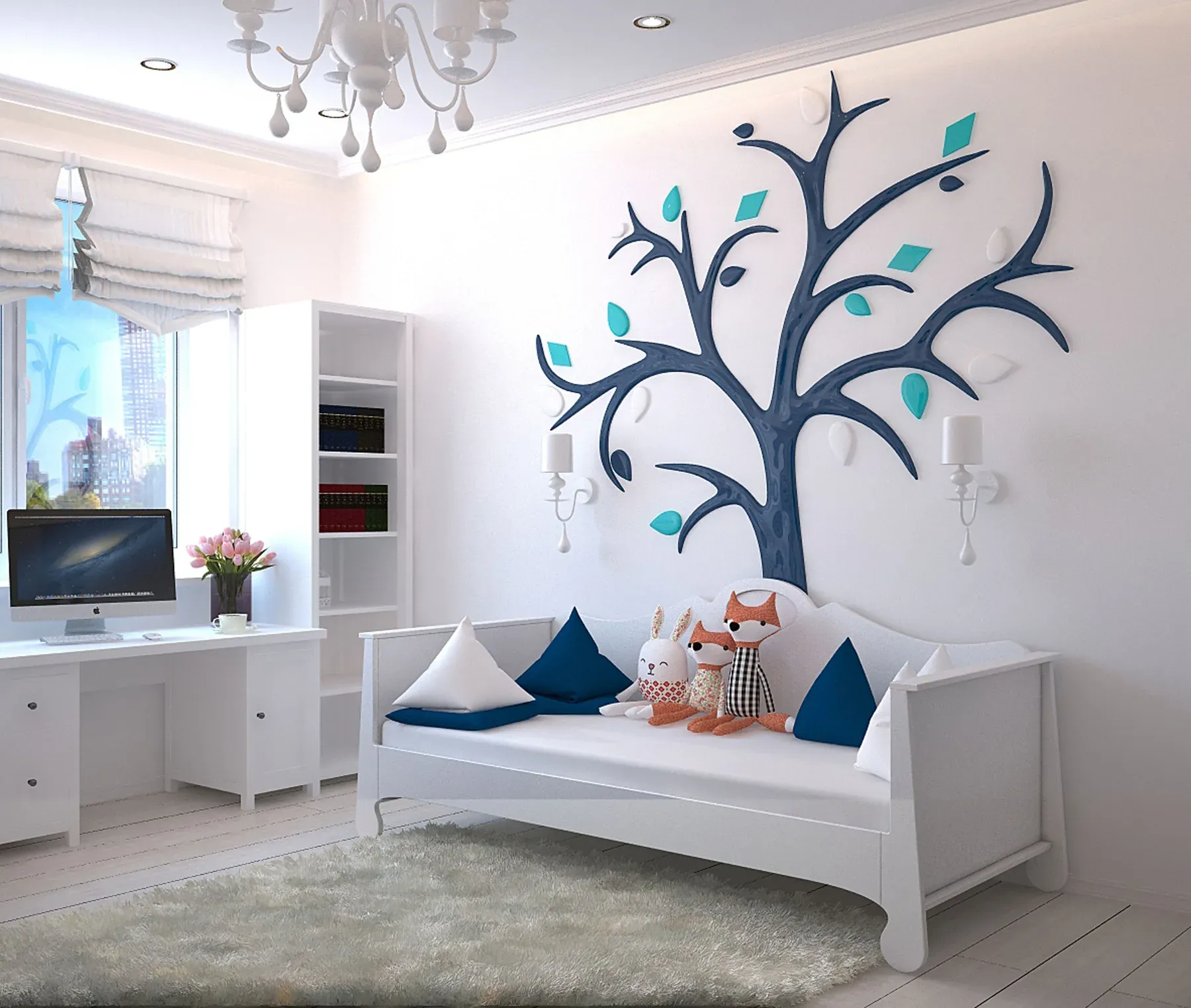 White daybed with a coordinated study desk and bookshelf — reference image for the CHAND daybed & desk set