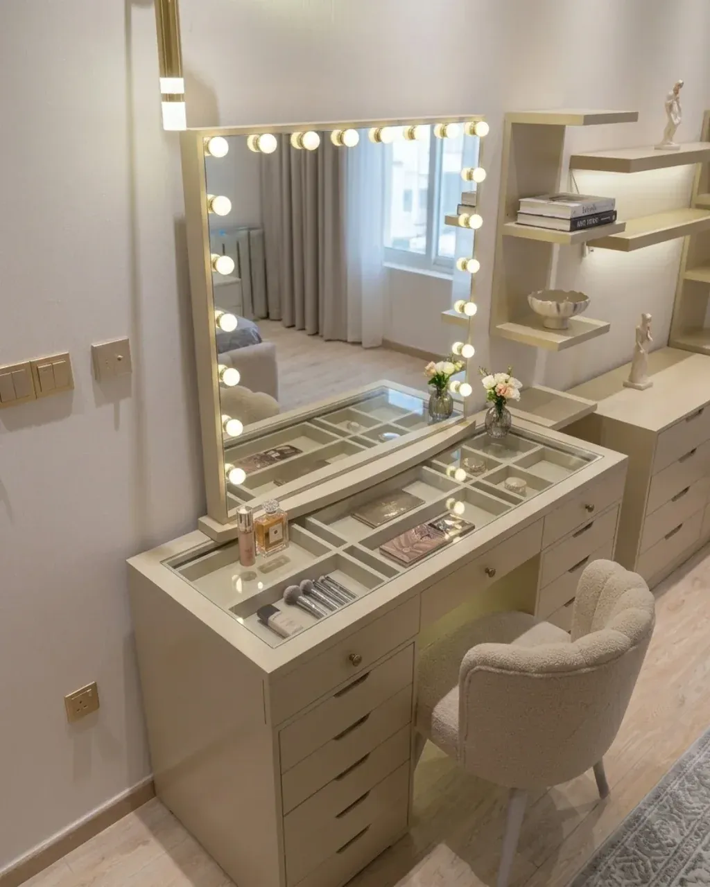 KIRAN Lighted Dressing Table with Chair, angled view showing the glass-topped compartments