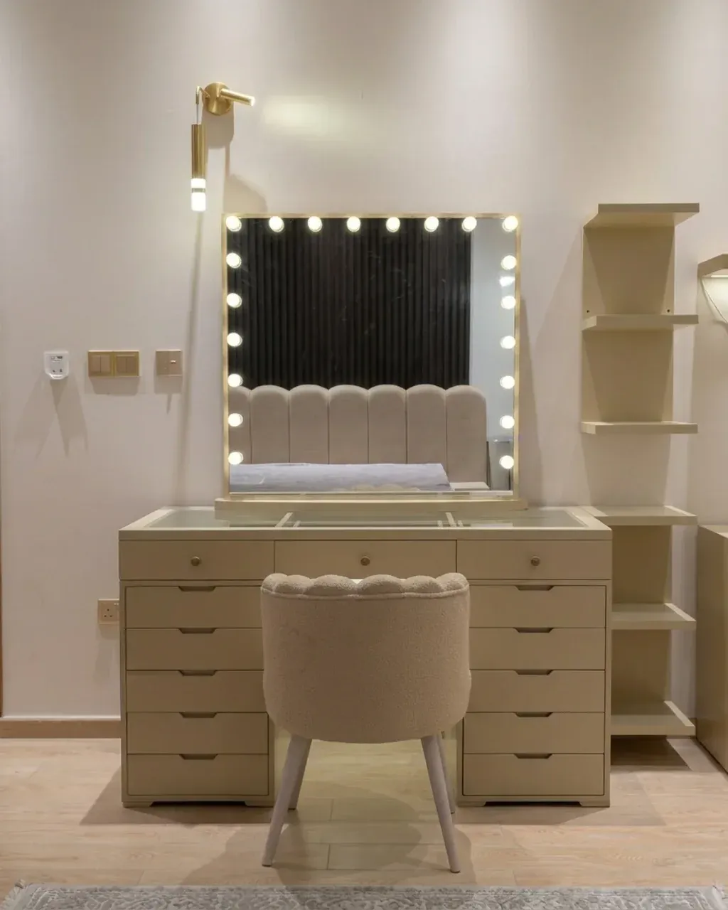 KIRAN Lighted Dressing Table with Chair in beige, front view with the mirror lights switched on