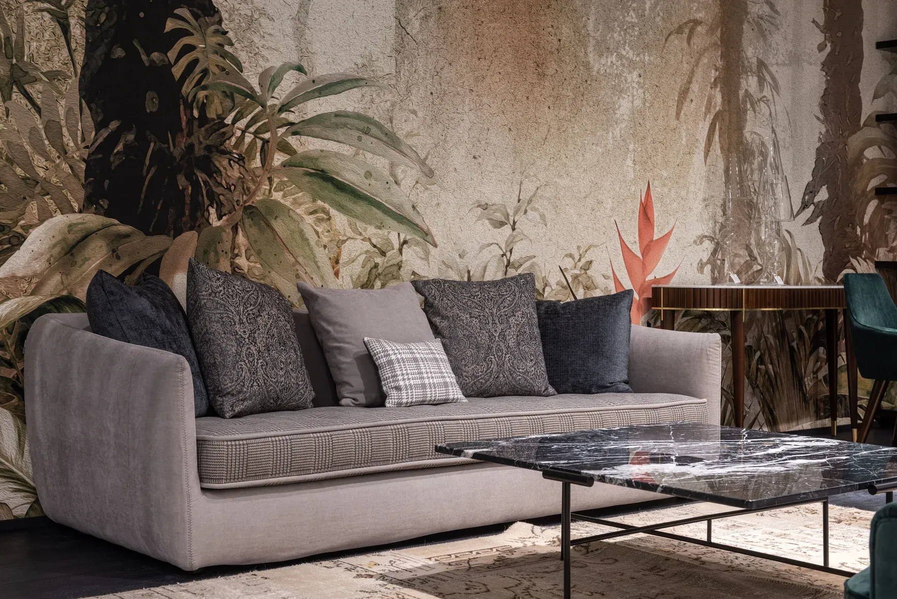 Grey upholstered sofa with a marble coffee table — reference image for the SUKOON three-seat fabric sofa