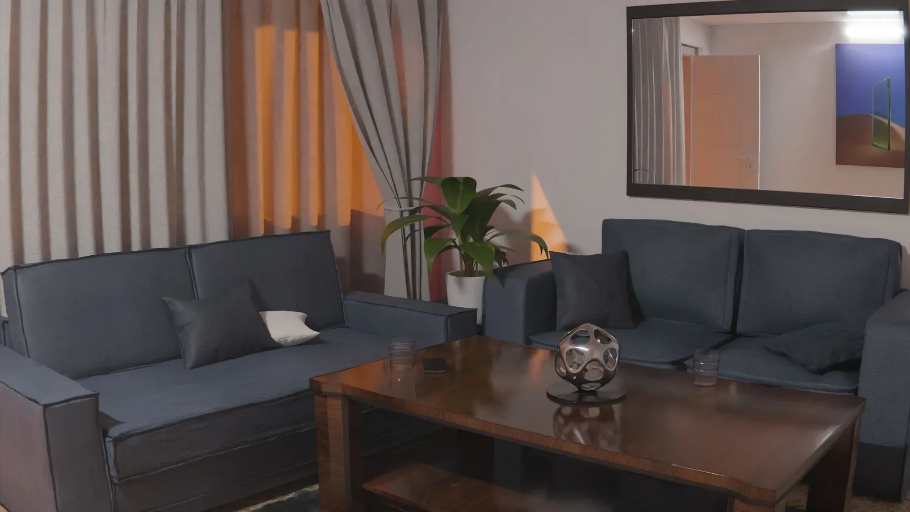 Dark sofa set around a wooden coffee table — reference image for the SARAY three-piece sofa set