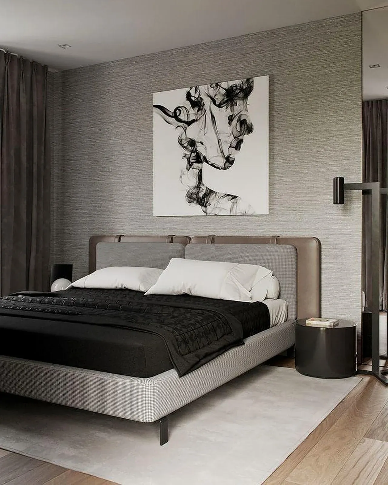 Bed upholstered in a grey check fabric with a tan leather-look headboard surround — reference image for the SANGAM bed