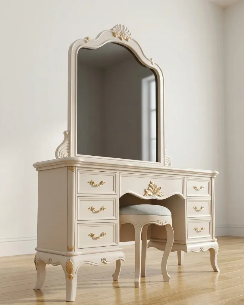 SAWAN Dressing Table with Stool, angled view in a plain room on wood flooring