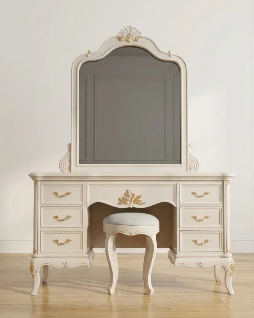 SAWAN Dressing Table with Stool, straight front view against a white wall