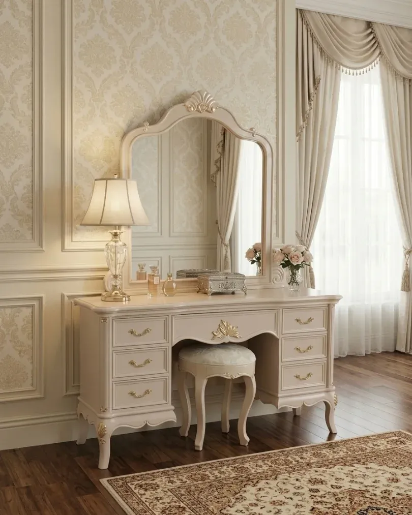 SAWAN Dressing Table with Stool in cream and gold, in a panelled room with a lamp and curtains