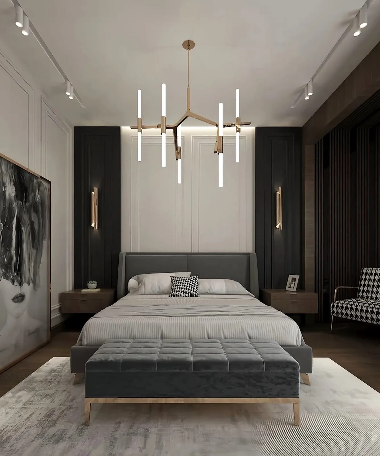 Charcoal upholstered bed with a winged headboard and a tufted velvet bench at the foot — reference image for the SHAAM bed