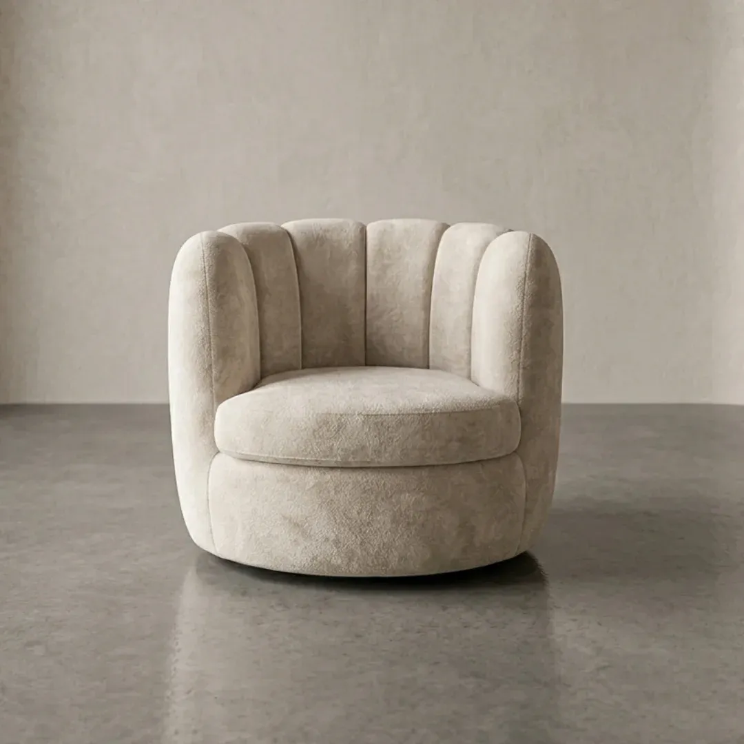 SHABNAM Swivel Accent Chair in cream, front three-quarter view on a grey floor