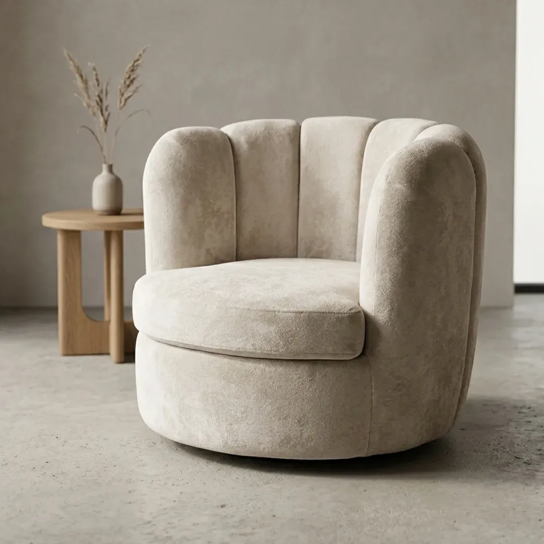 SHABNAM Swivel Accent Chair, angled view beside a small side table