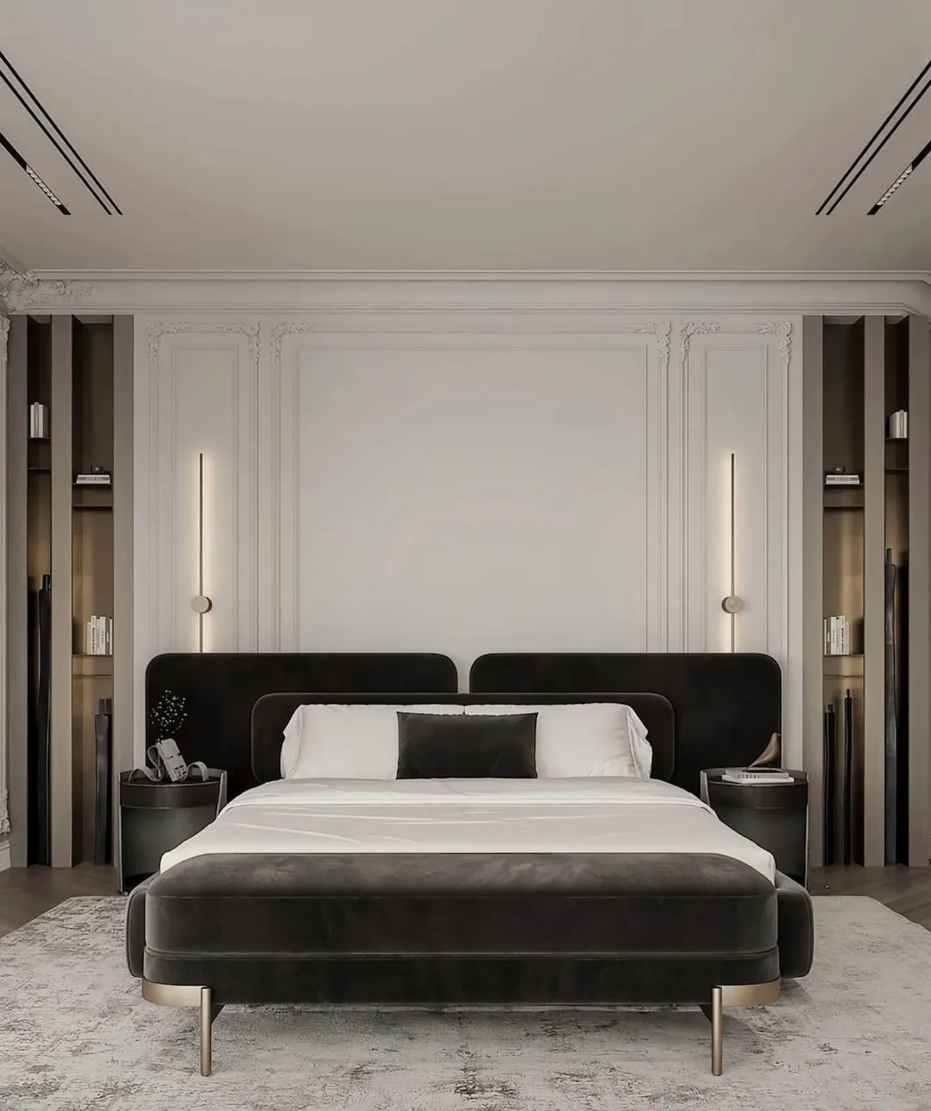 Dark velvet bed with a wide two-panel headboard and a matching bench at the foot — reference image for the SIYAH bed