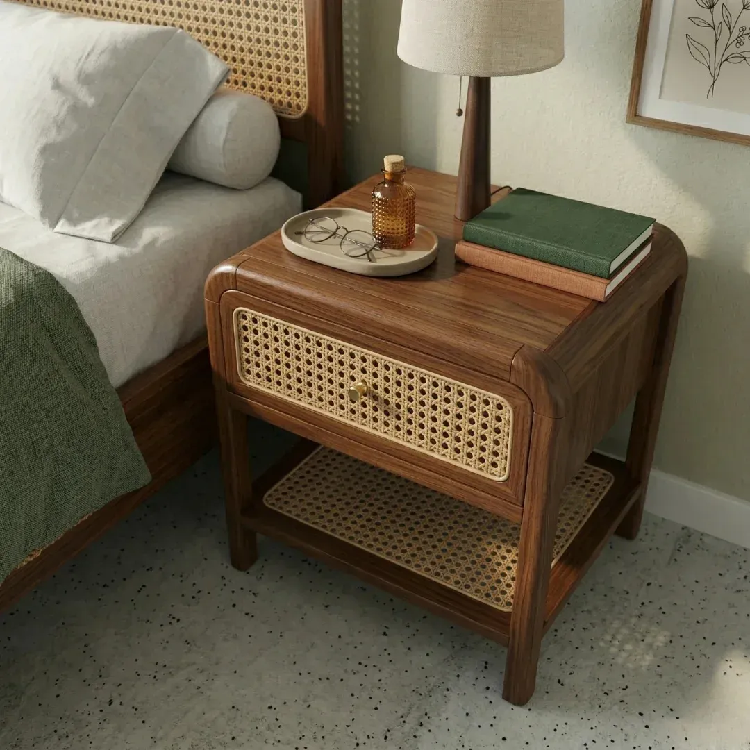 SUBAH Rattan Bedside Table, raised angled view showing the top and shelf