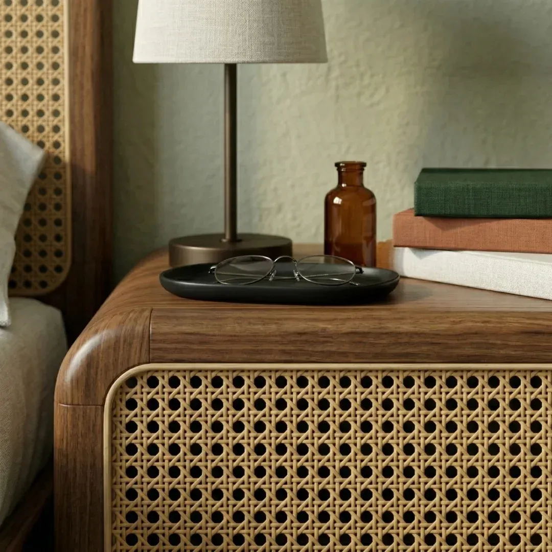 SUBAH Rattan Bedside Table, close view of the rounded corner and rattan weave