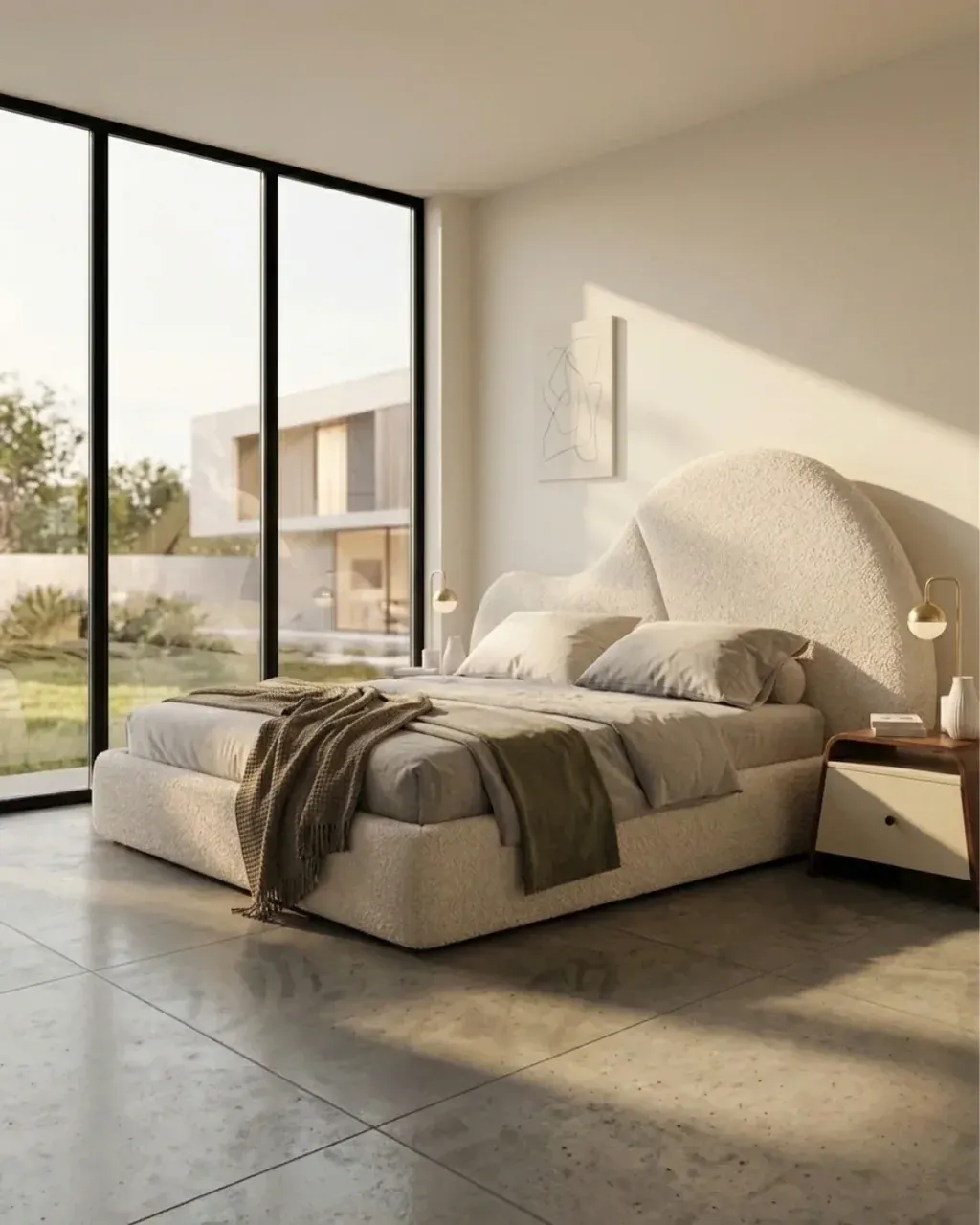UJALA Bed with Two Side Tables, angled view beside floor-to-ceiling windows