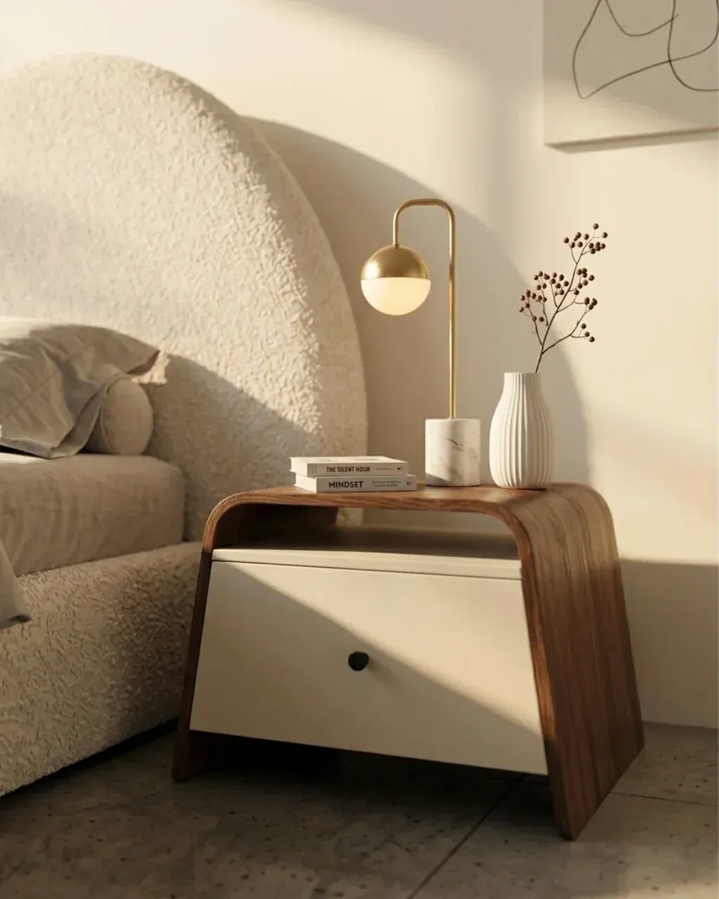 UJALA Bed with Two Side Tables, close view of the wood-tone side table