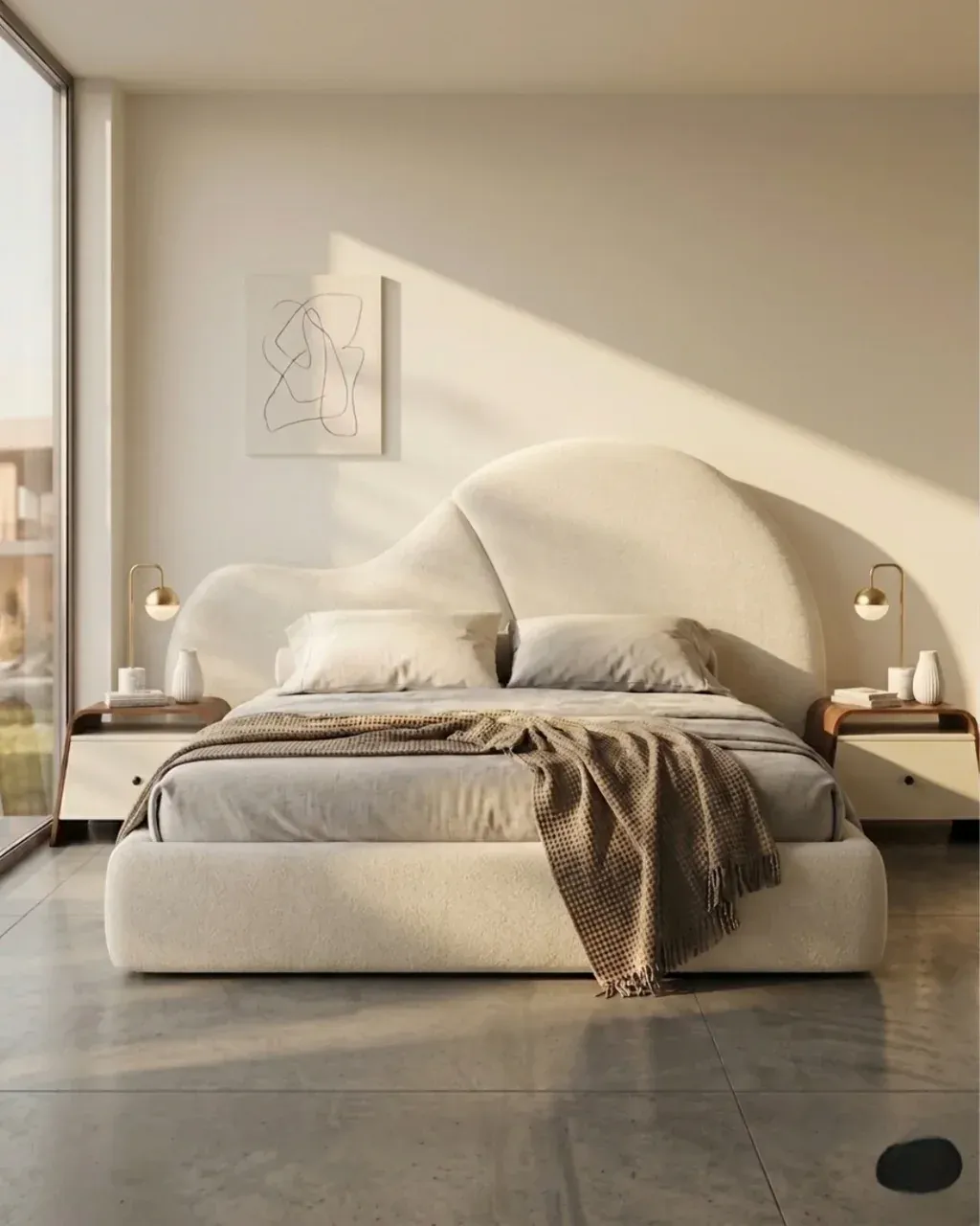 UJALA Bed with Two Side Tables in cream, front view from the foot of the bed